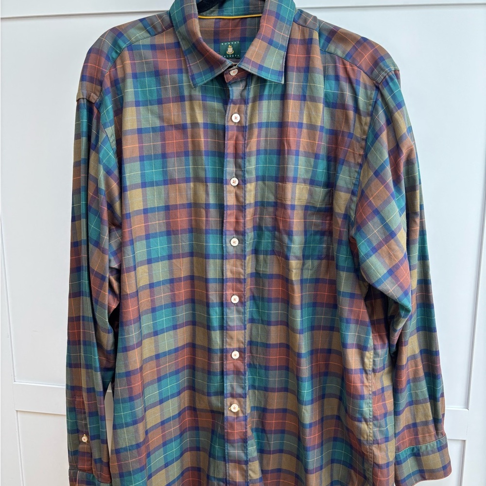 Robert Talbott Men's Green and Brown Plaid Shirt Size XL Hiking Outdoor